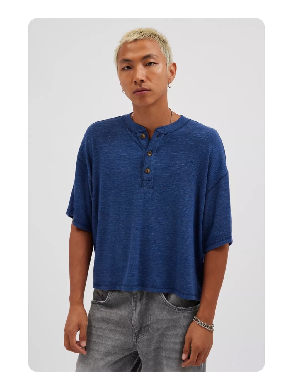 ★ Urban Renewal Remnants NWT Made In LA Wide Cropped Henley Casual Tee Blue M ★